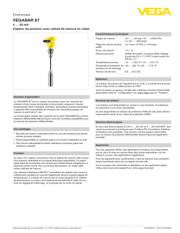 Vega VEGABAR 87 Submersible pressure transmitter with metallic measuring cell spécification | Fixfr