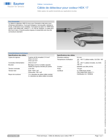 Baumer Sensor cable for encoders HEK 17 Cables / connector Fiche technique | Fixfr