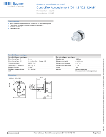 Baumer Controlflex coupling (D1=12 / D2=12+M4) Mounting solid shaft encoder Fiche technique | Fixfr