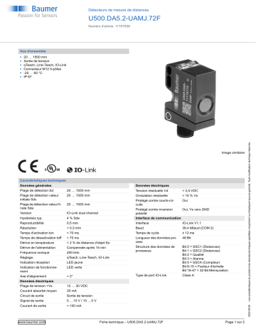 Baumer U500.DA5.2-UAMJ.72F Ultrasonic distance measuring sensor Fiche technique | Fixfr