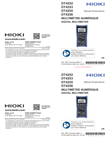 Hioki DIGITAL MULTIMETER DT4252,DT4253,DT4254,DT4255,DT4256 Manuel utilisateur | Fixfr