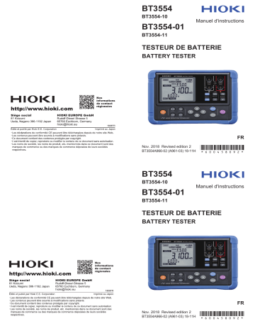 Hioki BATTERY TESTER BT3554, BT3554-01, BT3554-10, BT3554-11 Manuel utilisateur | Fixfr