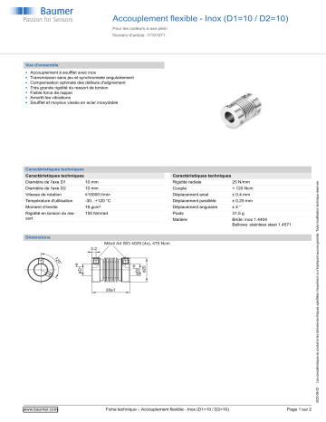 Baumer Bellows coupling - stainless steel (D1=10 / D2=10) Mounting solid shaft encoder Fiche technique | Fixfr