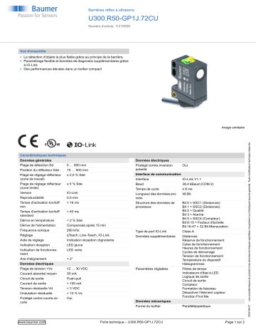 Baumer U300.R50-GP1J.72CU Ultrasonic retro-reflective sensor Fiche technique | Fixfr