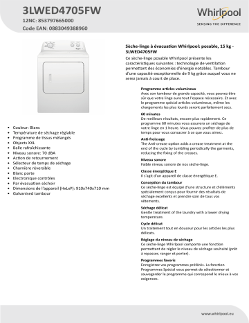 Whirlpool 3LWED4705FW Dryer Manuel utilisateur | Fixfr