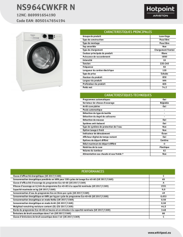 HOTPOINT/ARISTON NS964CWKFR N Washing machine Manuel utilisateur | Fixfr