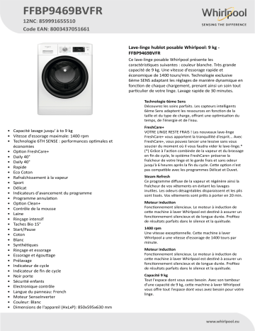 Whirlpool FFBP9469BVFR Washing machine Manuel utilisateur | Fixfr