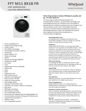 Whirlpool FFT M11 8X1B FR Dryer Manuel utilisateur | Fixfr