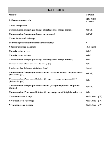 Indesit BDE 96435 9EWB BE Washer dryer Product information | Fixfr