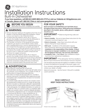 GE Appliances GDT535PGJBB 55dB Dishwasher Installation manuel | Fixfr