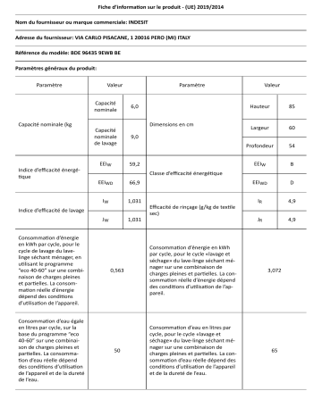 Indesit BDE 96435 9EWB BE Washer dryer Manuel utilisateur | Fixfr