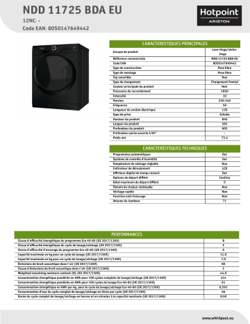 HOTPOINT/ARISTON NDD 11725 BDA EU Washer dryer Manuel utilisateur | Fixfr