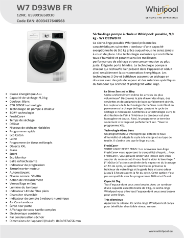 Whirlpool W7 D93WB FR Dryer Manuel utilisateur | Fixfr