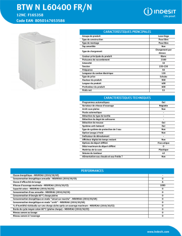 Indesit BTW N L60400 FR/N Washing machine Manuel utilisateur | Fixfr