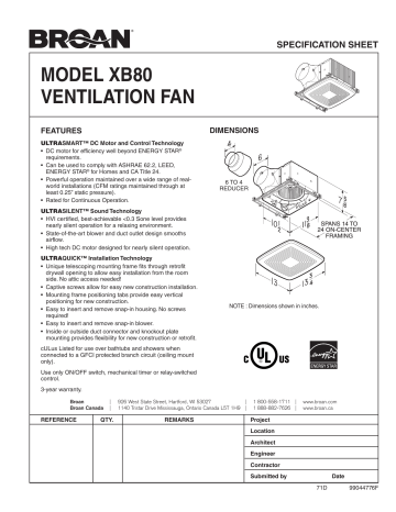 Broan XB80 Ultra Green™ 80 CFM Bathroom Exhaust Fan in White spécification | Fixfr