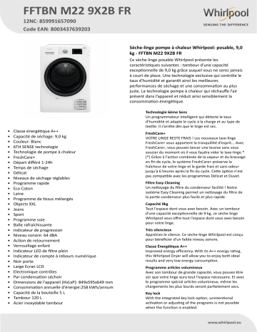 Whirlpool FFTBN M22 9X2B FR Dryer Manuel utilisateur | Fixfr