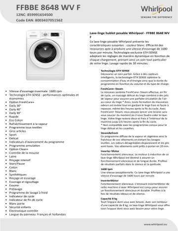 Whirlpool FFBBE 8648 WV F Washing machine Manuel utilisateur | Fixfr