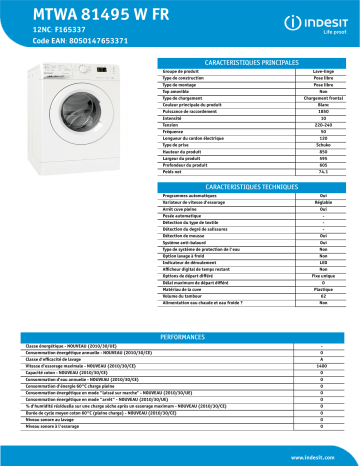Indesit MTWA 81495 W FR Washing machine Manuel utilisateur | Fixfr
