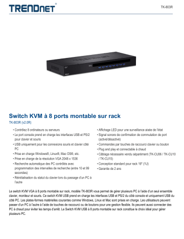 Trendnet RB-TK-803R 8-Port Rackmount KVM Switch Fiche technique | Fixfr