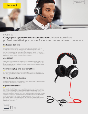 Evolve 80 MS Stereo | Evolve 80 MS Stereo USB-C | Jabra Evolve 80 UC Stereo USB-C Fiche technique | Fixfr