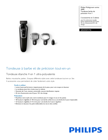 Philips QG3321/16 Multigroom series 3000 Tondeuse barbe de précision 4 en 1 Manuel utilisateur | Fixfr