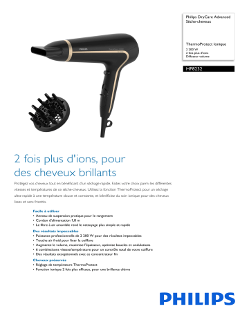 Philips HP8232/20R1 DryCare Advanced Sèche-cheveux Manuel utilisateur | Fixfr