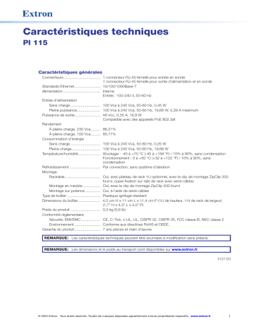 Extron PI 115 spécification | Fixfr