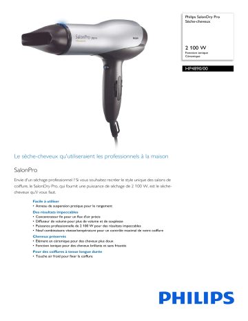 Philips HP4890/00 SalonDry Pro Sèche-cheveux Manuel utilisateur | Fixfr
