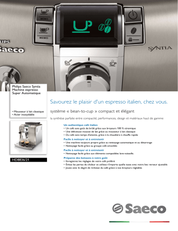 Saeco HD8836/21 Saeco Syntia Machine espresso Super Automatique Manuel utilisateur | Fixfr