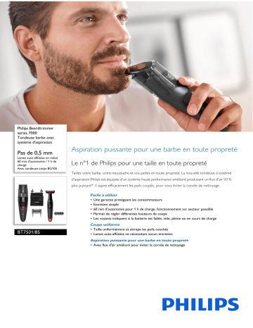 Philips BT7501/85 Beardtrimmer series 7000 Tondeuse barbe avec système d'aspiration Manuel utilisateur | Fixfr