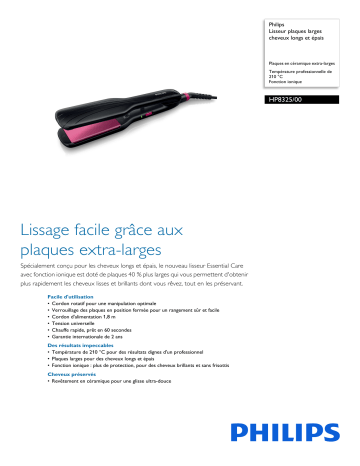 Philips HP8325/00 Lisseur plaques larges cheveux longs et épais Manuel utilisateur | Fixfr