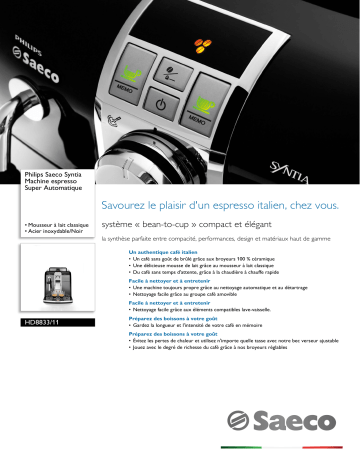 Saeco HD8833/11 Saeco Syntia Machine espresso Super Automatique Manuel utilisateur | Fixfr