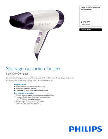 Philips HP4962/00 SalonDry Compact Sèche-cheveux Manuel utilisateur | Fixfr