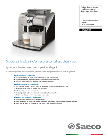 Saeco HD8839/11 Saeco Syntia Machine espresso Super Automatique Manuel utilisateur | Fixfr