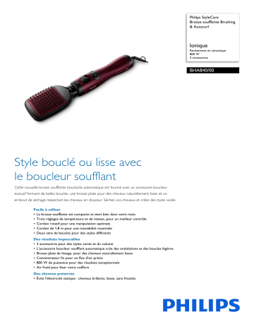 Philips BHA840/00 StyleCare Brosse soufflante Brushing & Autocurl Manuel utilisateur | Fixfr