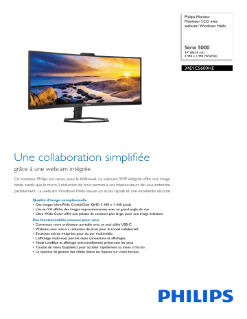 Philips 34E1C5600HE/00 Monitor Moniteur LCD avec webcam Windows Hello Manuel utilisateur | Fixfr