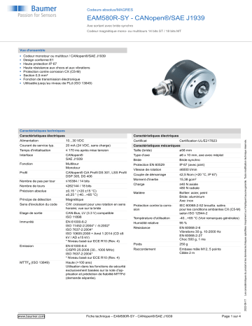 Baumer EAM580R-SY - CANopen®/SAE J1939 Absolute encoder Fiche technique | Fixfr