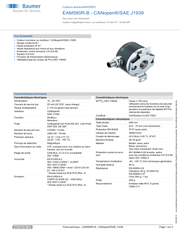 Baumer EAM580R-B - CANopen®/SAE J1939 Absolute encoder Fiche technique | Fixfr