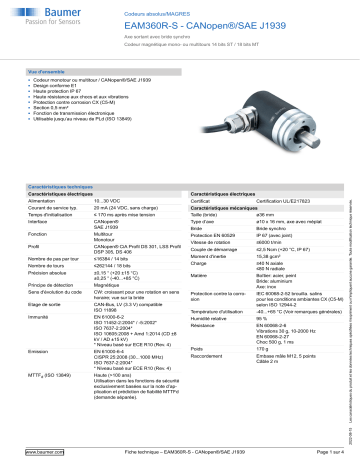 Baumer EAM360R-S - CANopen®/SAE J1939 Absolute encoder Fiche technique | Fixfr