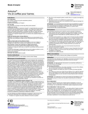 Dentsply Sirona Ankylos Screws and Bar Copings ǀ FR ǀ 2018-07 Mode d'emploi | Fixfr