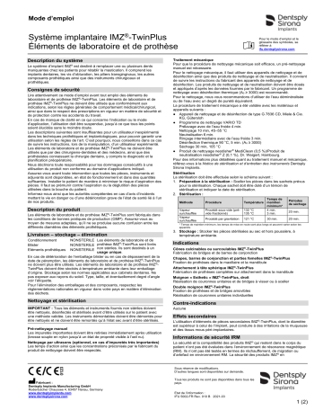 Dentsply Sirona IMZ TwinPlus Implant System Laboratory and Prosthetic Components ǀ FR ǀ 2021-03 Mode d'emploi | Fixfr