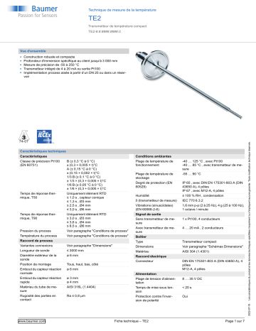 Baumer TE2 Temperature measurement Fiche technique | Fixfr