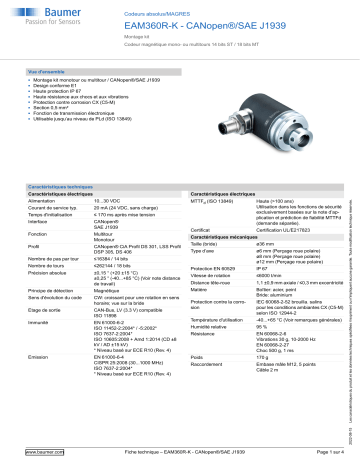 Baumer EAM360R-K - CANopen®/SAE J1939 Absolute encoder Fiche technique | Fixfr