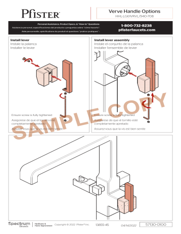 Pfister Verve HHL-LG6-1VRVLD Lever Handle Kit for Freestanding Tub Filler Manuel utilisateur | Fixfr