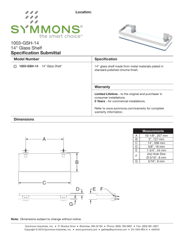Symmons Industries 1003-GSH-14 Design Studio™ 14 in. Glass Shelf in Polished Chrome spécification | Fixfr