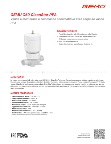 Gemu C60 CleanStar Pneumatically operated diaphragm valve Fiche technique | Fixfr