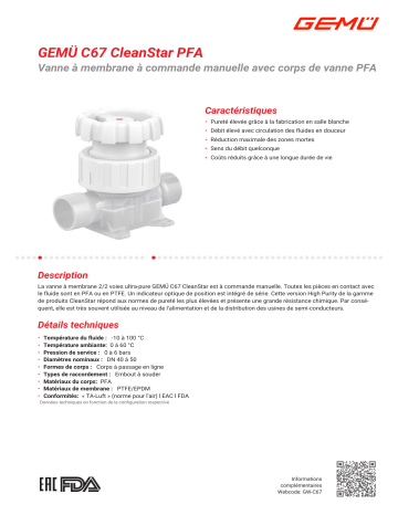 Gemu C67 CleanStar Manually operated diaphragm valve Fiche technique | Fixfr