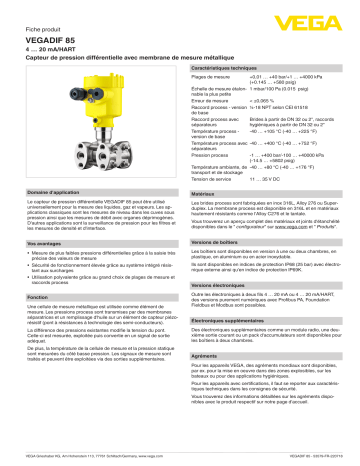 Vega VEGADIF 85 Differential pressure measurement for all media spécification | Fixfr