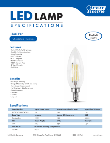 Feit Electric BPCTC100950CAFIL/2/6 100-Watt Equivalent B10 E12 Candelabra Dimmable Filament CEC Clear Chandelier LED Light Bulb Daylight 5000K (12-Pack) spécification | Fixfr