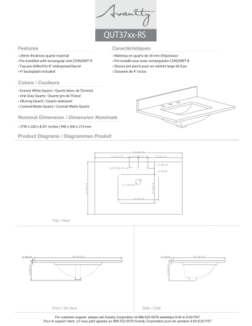 QUT37AL-RS | QUT37EW-RS | Avanity QUT37CO-RS 37 in. W x 22 in. D Quartz Vanity Top spécification | Fixfr